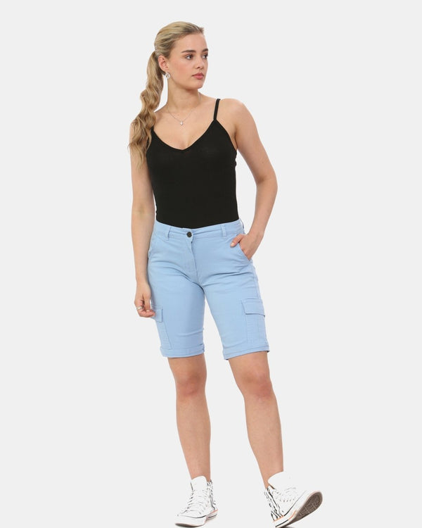 Noroze Sky Blue Turned Hem Bengaline Casual Shorts