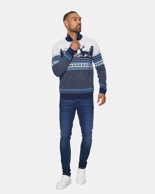 Noroze Stag Navy Chunky Knit Christmas Jumper