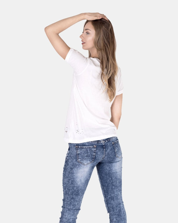 Noroze White Ripped Holes Rounded Neck T-Shirt