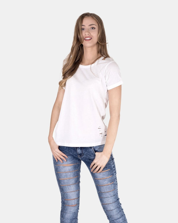 Noroze White Ripped Holes Rounded Neck T-Shirt