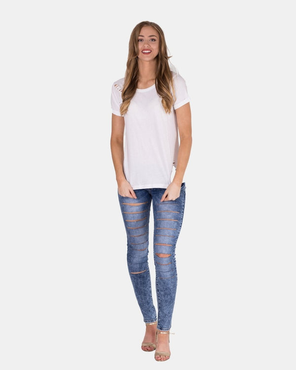 Noroze White Ripped Holes Rounded Neck T-Shirt