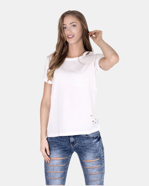 noroze White Ripped Holes Rounded Neck T-Shirt