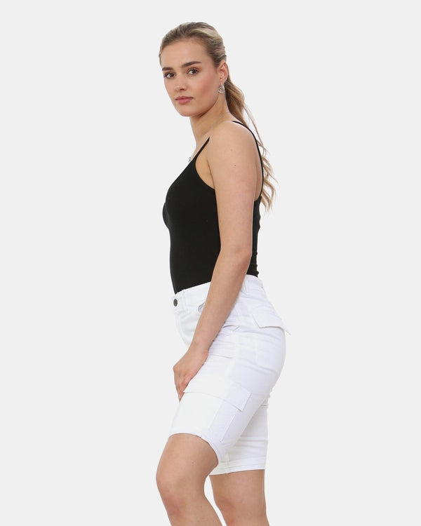 Noroze White Turned Hem Bengaline Casual Shorts