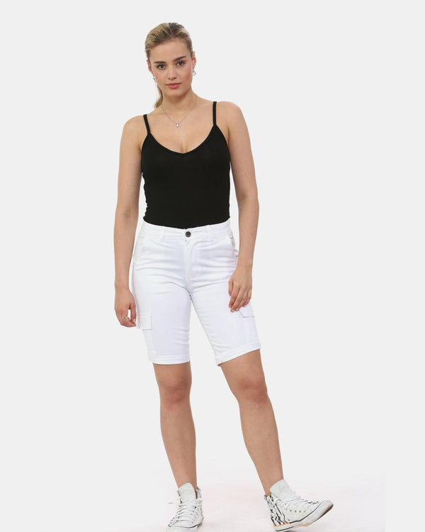 Noroze White Turned Hem Bengaline Casual Shorts