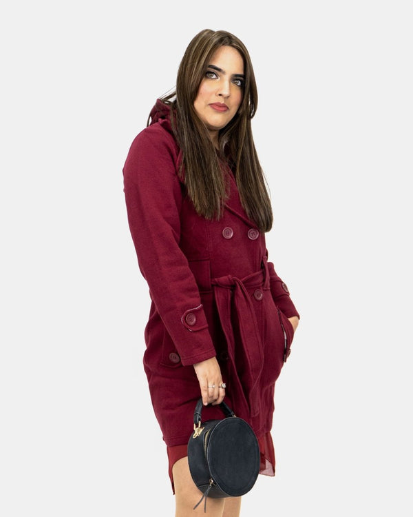 Noroze Wine Belted Button Fleece Coat