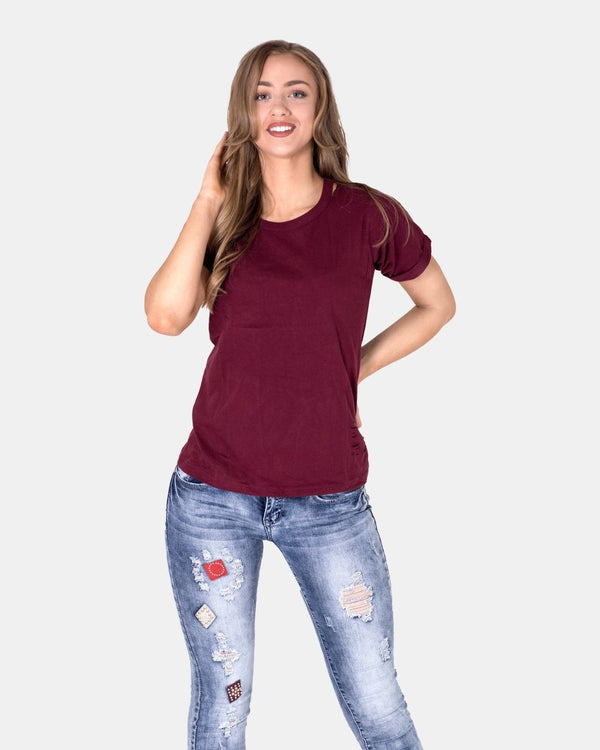 Noroze Wine Ripped Holes Rounded Neck T-Shirt