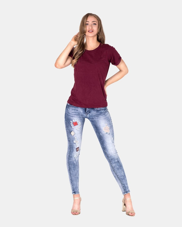 Noroze Wine Ripped Holes Rounded Neck T-Shirt