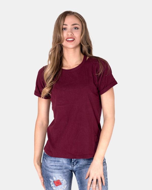 noroze Wine Ripped Holes Rounded Neck T-Shirt