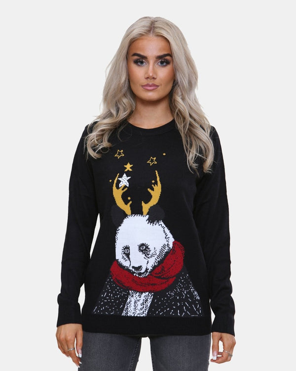 Noroze Women Panda Black Knitted Xmas Jumper
