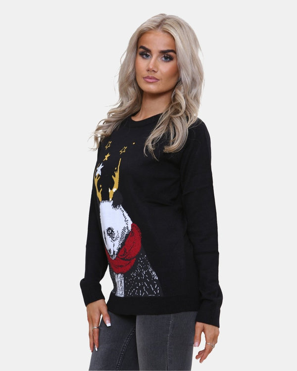 Noroze Women Panda Black Knitted Xmas Jumper