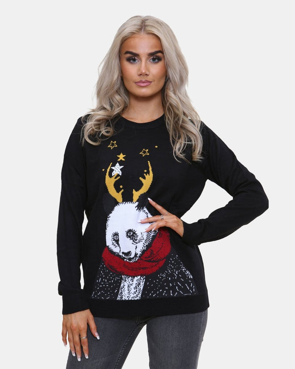 noroze Women Panda Black Knitted Xmas Jumper
