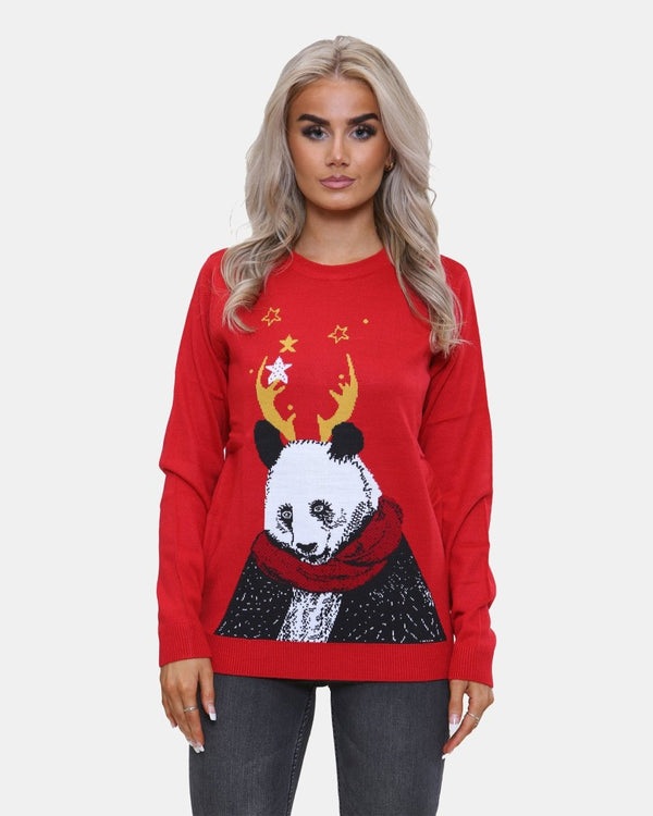 Noroze Women Panda Red Knitted Xmas Jumper