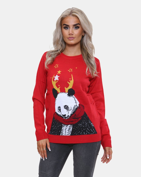 noroze Women Panda Red Knitted Xmas Jumper