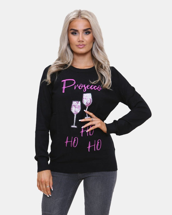 noroze Women Prosecco Sequin Black Xmas Jumper