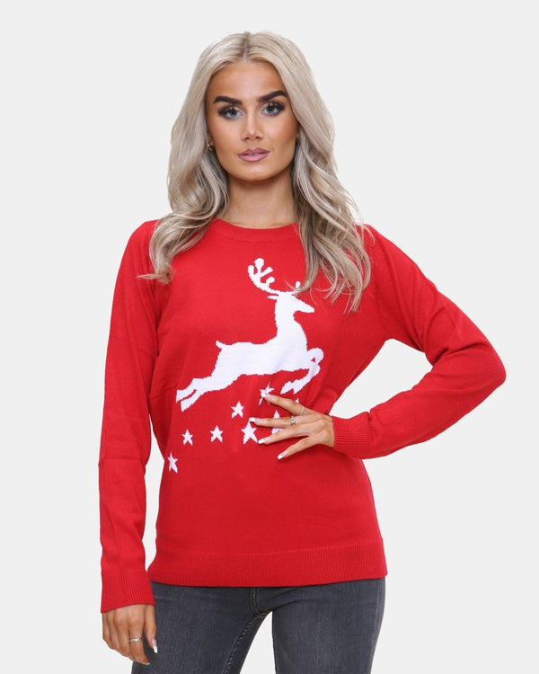 noroze Women Reindeer Stars Red Jumper