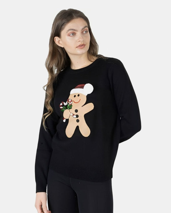 noroze Womens Black Gingerbread Xmas Jumper