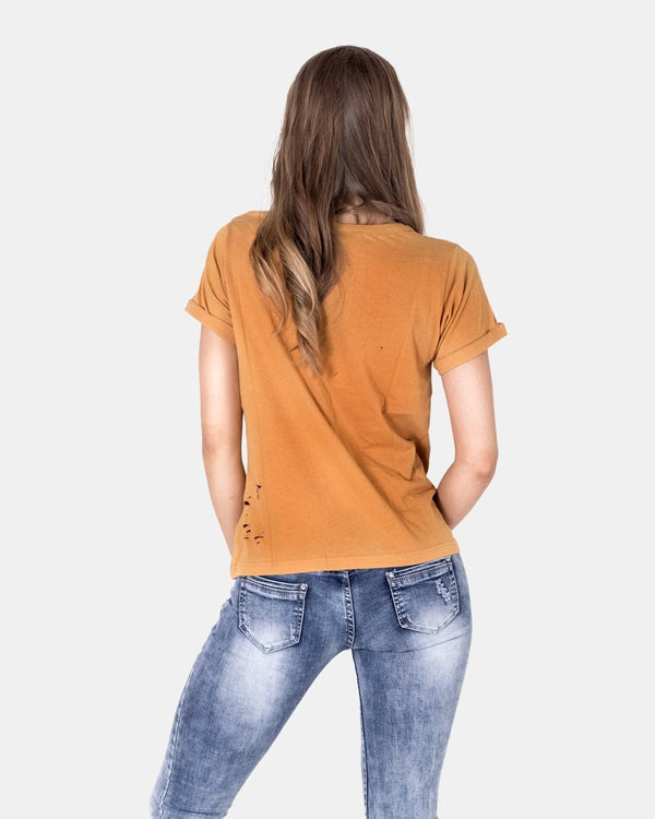Noroze Yellow Ripped Holes Rounded Neck T-Shirt