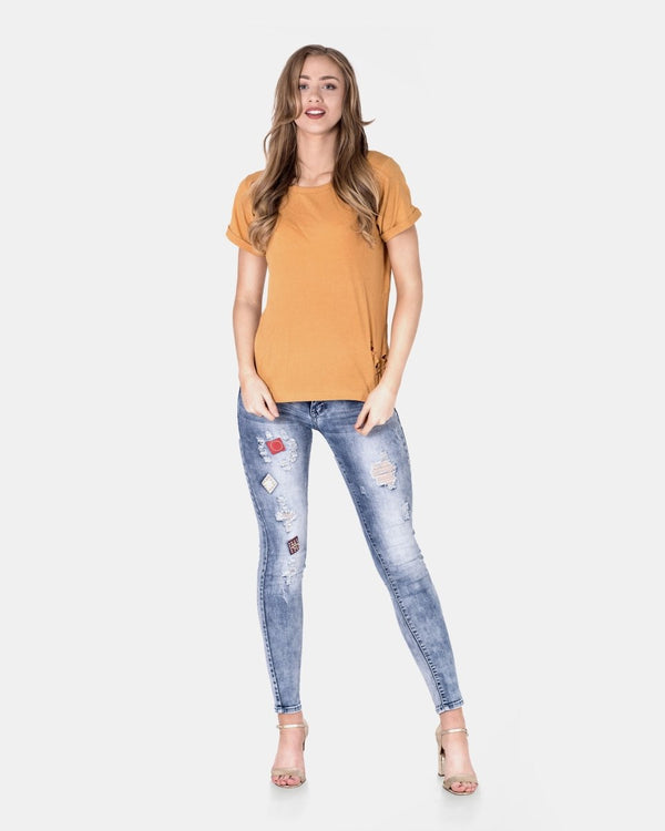 Noroze Yellow Ripped Holes Rounded Neck T-Shirt