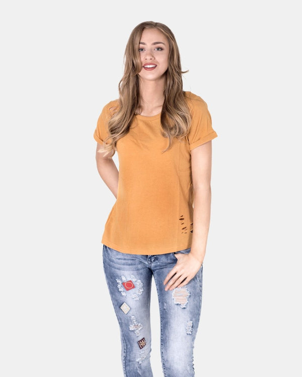 Noroze Yellow Ripped Holes Rounded Neck T-Shirt