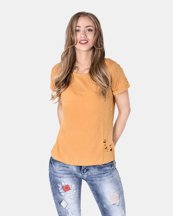 noroze Yellow Ripped Holes Rounded Neck T-Shirt