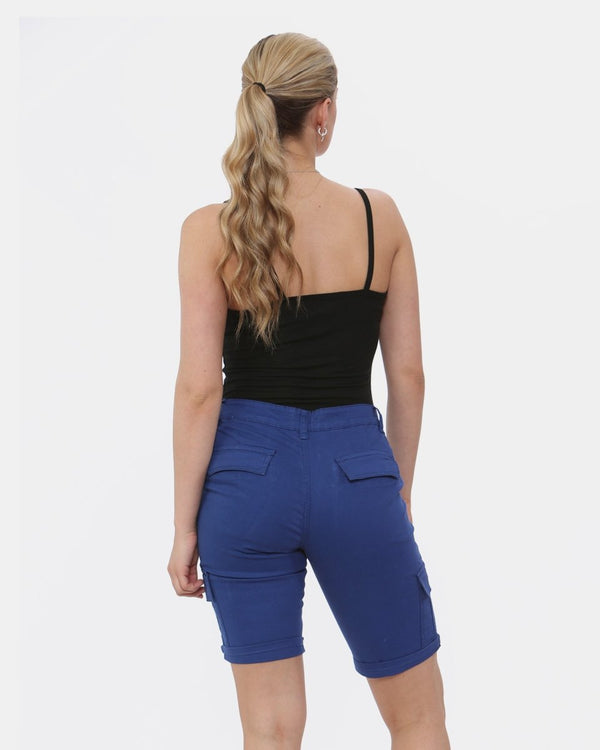 Noroze Royal Blue Turned Hem Bengaline Casual Shorts