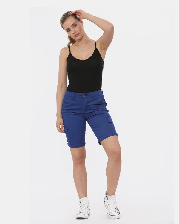 Noroze Royal Blue Turned Hem Bengaline Casual Shorts
