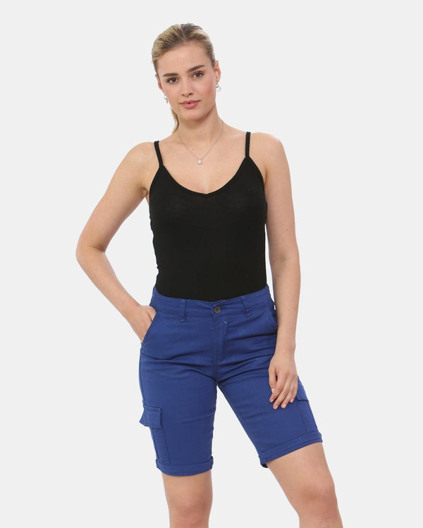 noroze Royal Blue Turned Hem Bengaline Casual Shorts