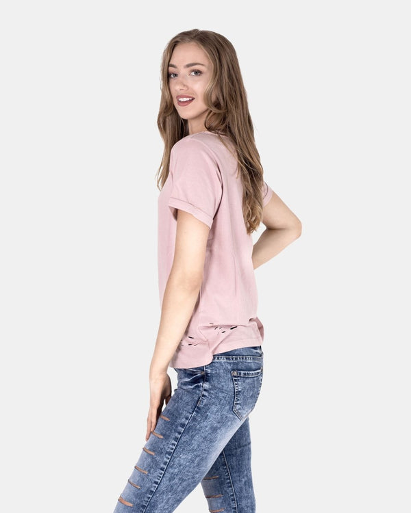 Noroze Shell Pink Ripped Holes Rounded Neck T-Shirt