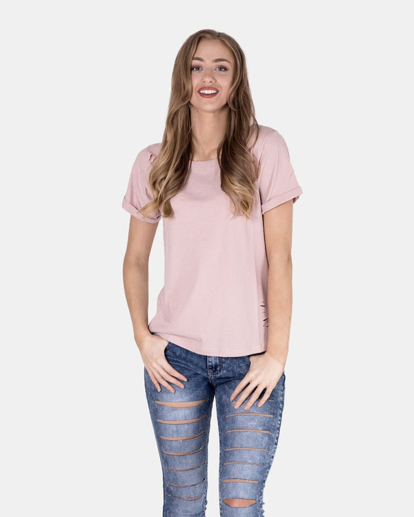Noroze Shell Pink Ripped Holes Rounded Neck T-Shirt