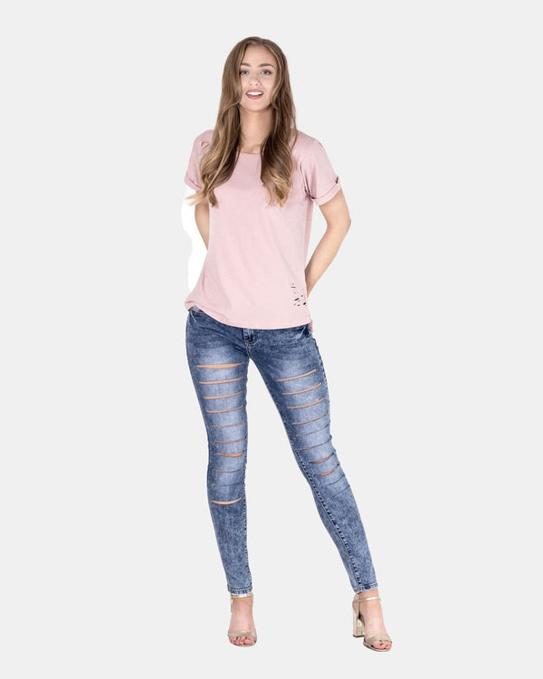 Noroze Shell Pink Ripped Holes Rounded Neck T-Shirt