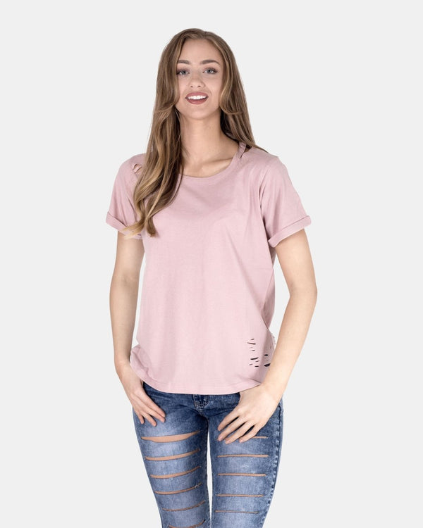 noroze Shell Pink Ripped Holes Rounded Neck T-Shirt
