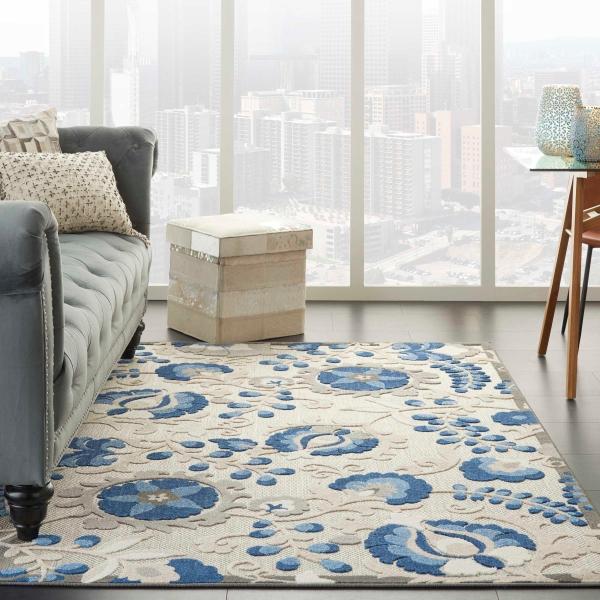 Nourison Aloha Farmhouse Floral Blue/Grey Outdoor Rug ALH17 Home