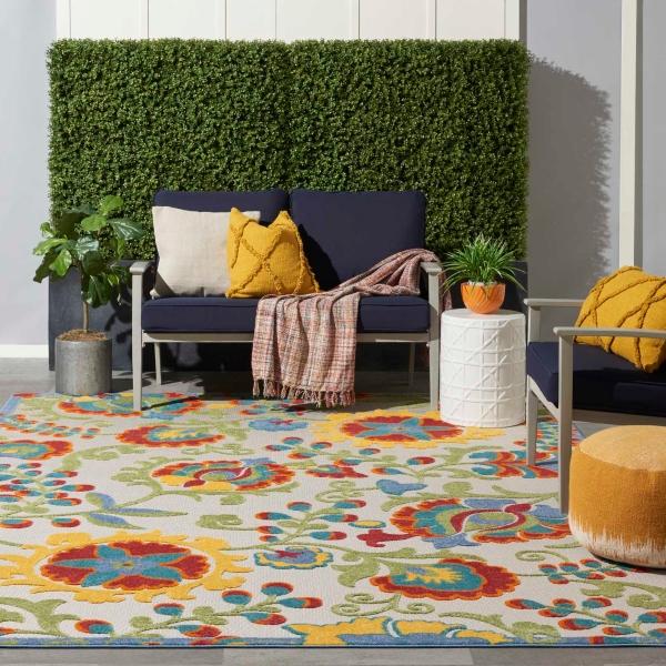 Nourison Aloha Farmhouse Floral Ivory/Multi Outdoor Rug ALH17 Home