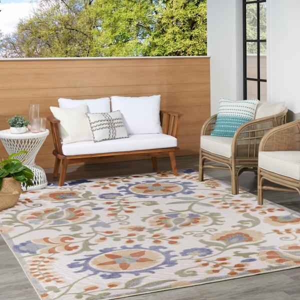 Nourison Aloha Ivory Blue Indoor/Outdoor Floral Rug ALH17 Home