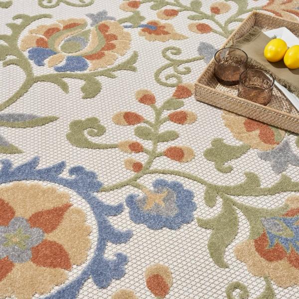 Nourison Aloha Ivory Blue Indoor/Outdoor Floral Rug ALH17 Home