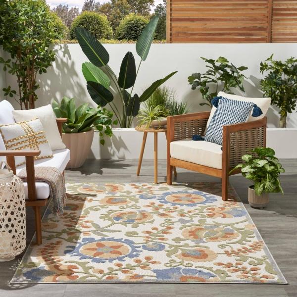 Nourison Aloha Ivory Blue Indoor/Outdoor Floral Rug ALH17 Home