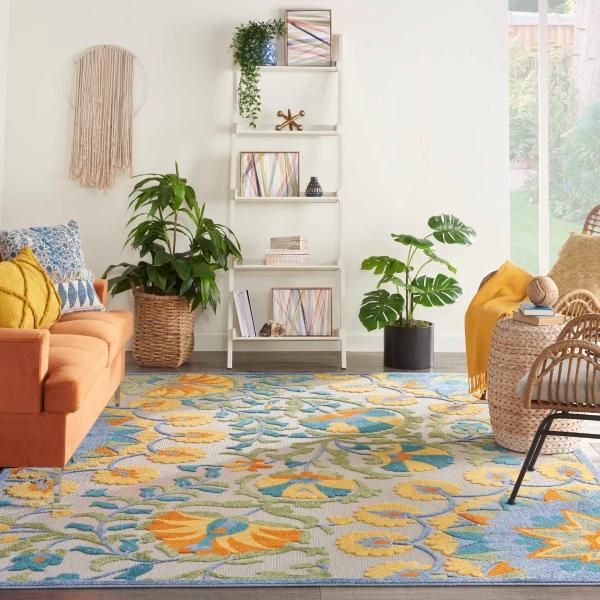 Nourison Aloha Transitional Floral Blue/Yellow Outdoor Rug ALH21 Home