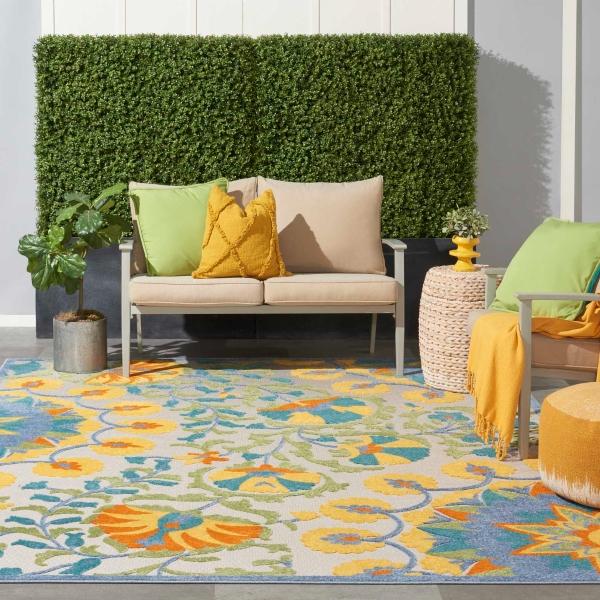 Nourison Aloha Transitional Floral Blue/Yellow Outdoor Rug ALH21 Home