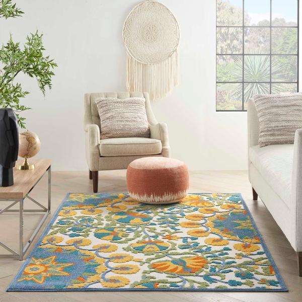 Nourison Aloha Transitional Floral Blue/Yellow Outdoor Rug ALH21 Home