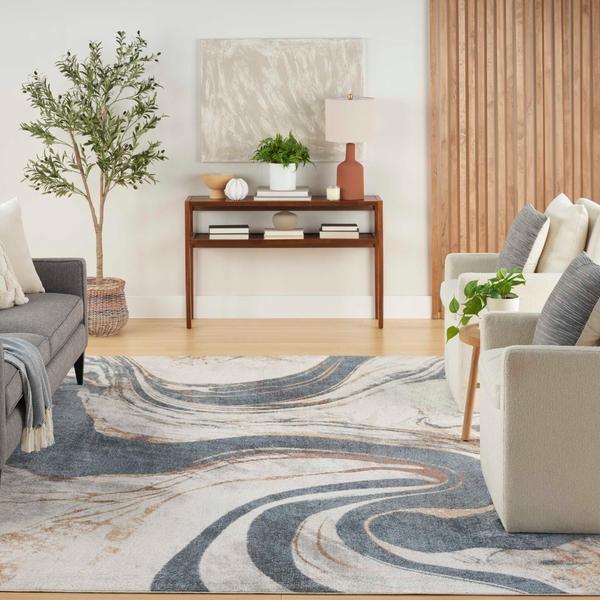 Nourison Astra Machine Washable Ivory Blue Indoor Only Abstract Rug ASW15