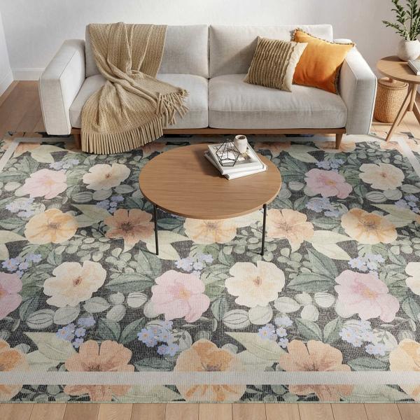 Nourison Botanical Washables Charcoal Multicolor Indoor Only Floral Rug BOT01