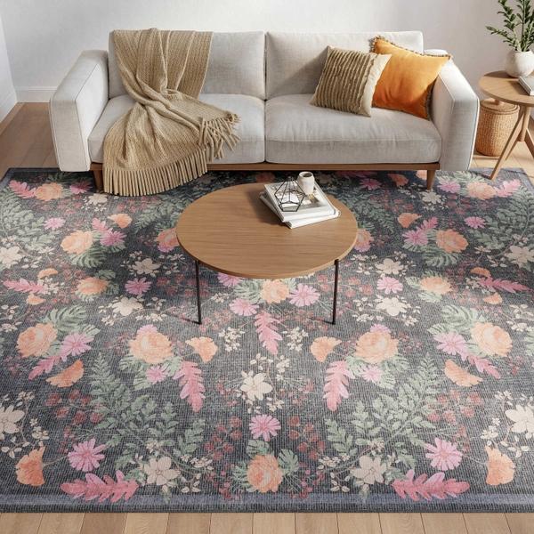 Nourison Botanical Washables Charcoal Multicolor Indoor Only Floral Rug BOT02