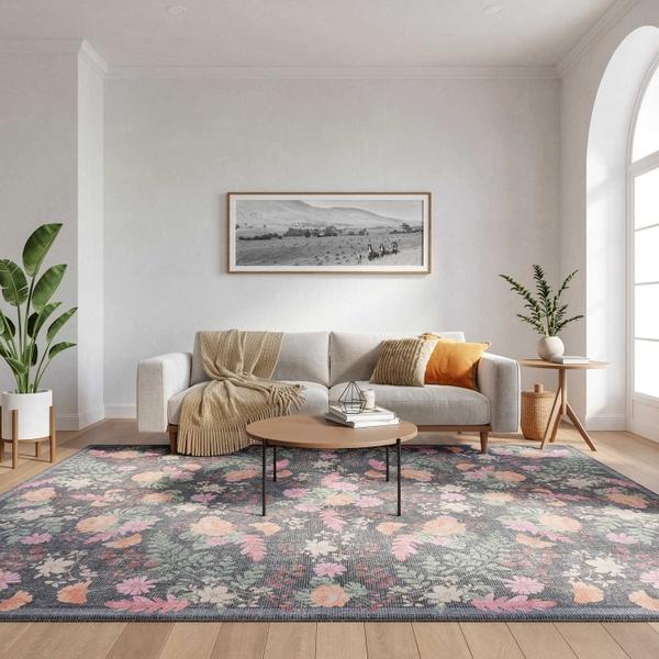 nourison Botanical Washables Charcoal Multicolor Indoor only Floral Rug BOT02