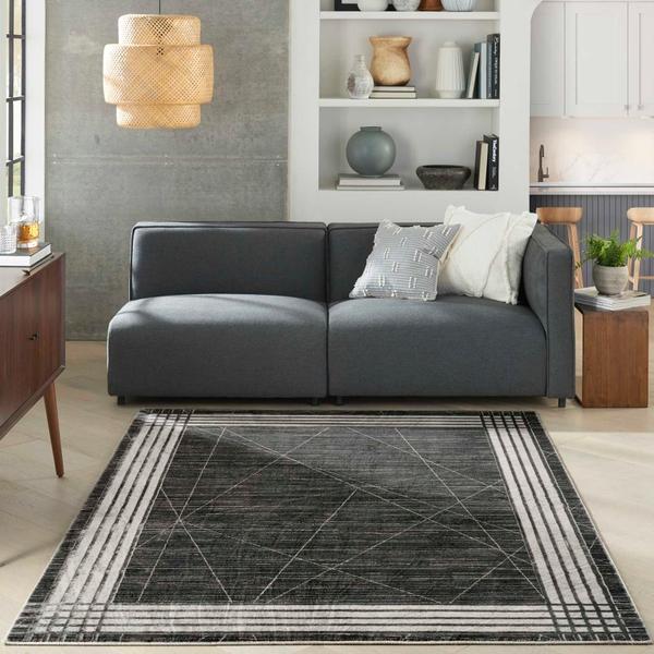 Nourison Desire Shiny Linear Bordered Dark Grey Rug DRS01 Home