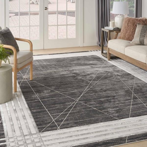 nourison Desire Shiny Linear Bordered Dark Grey Rug DRS01 Home