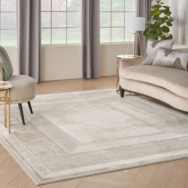 nourison Glam Geometric Bordered Silver/Ivory Rug GLZ07 Home