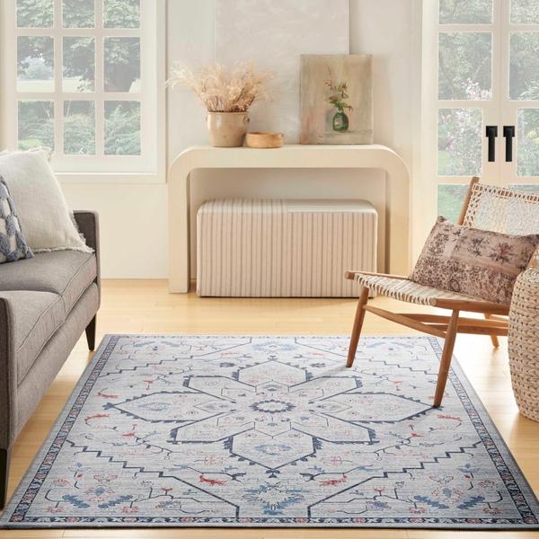 Nourison New Concept Washables Ivory Blue Indoor Only Floral Rug SR110