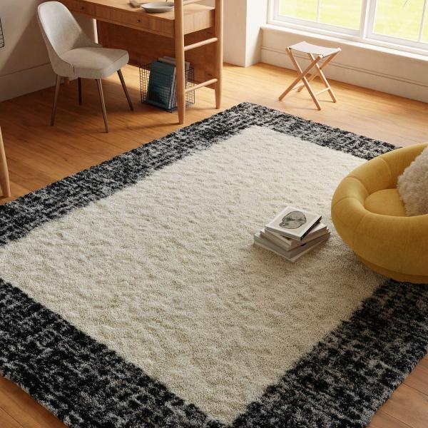 Nourison Pacific Shag Ivory Black Indoor Only Solid Rug PCS02