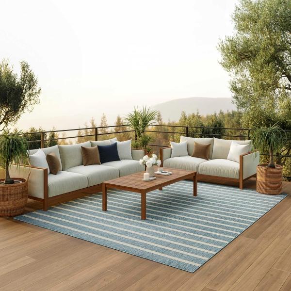 Nourison Positano Aqua Ivory Indoor/Outdoor Striped Rug POS03 Home