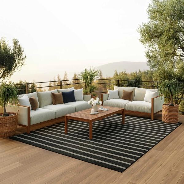 Nourison Positano Black Ivory Indoor/Outdoor Striped Rug POS03 Home